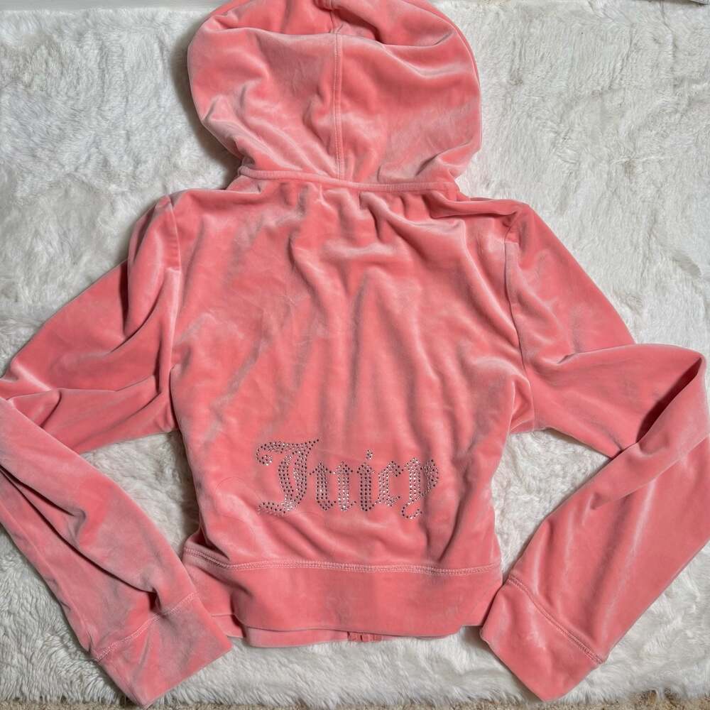 Juicy Couture Women's Pink Velour Zip-Up Hoodie with Back Rhinestone Bling